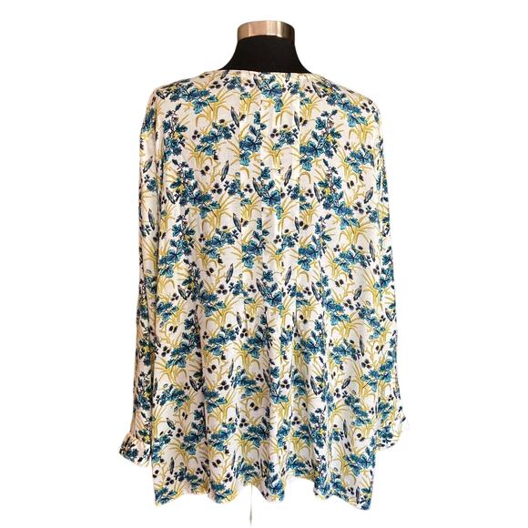 J. Jill Cream Teal Leaf & Vine Print Button Front Blouse Sz 3X Plus Size V-neck - Picture 2 of 10